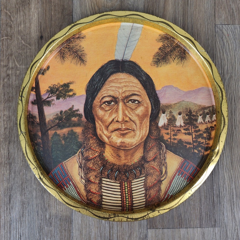 Vintage Native American Portrait Tin Serving Tray 11" Round Retro Decor